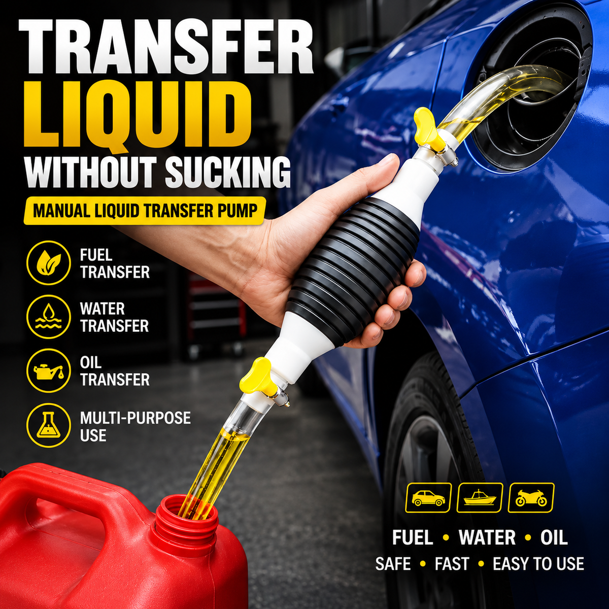 ⛽Manual Siphon Pump Kit with 1M Hose, Rubber Pump Bulb & 2 Hose Clamps, Liquid Transfer Pump for Fuel Water Oil, Car Boat Motorcycle