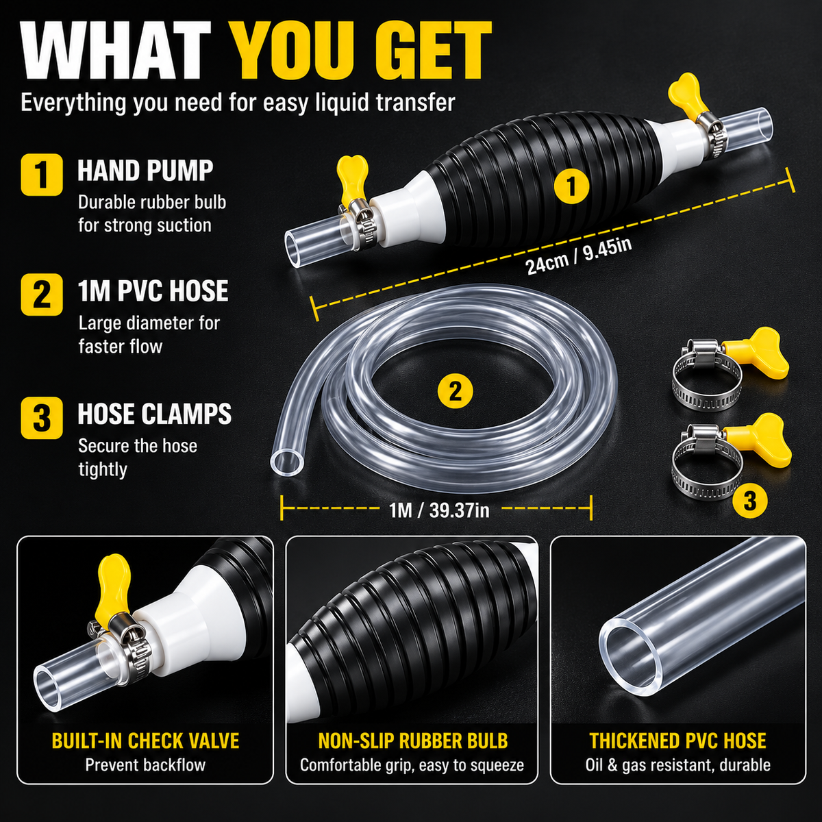 ⛽Manual Siphon Pump Kit with 1M Hose, Rubber Pump Bulb & 2 Hose Clamps, Liquid Transfer Pump for Fuel Water Oil, Car Boat Motorcycle