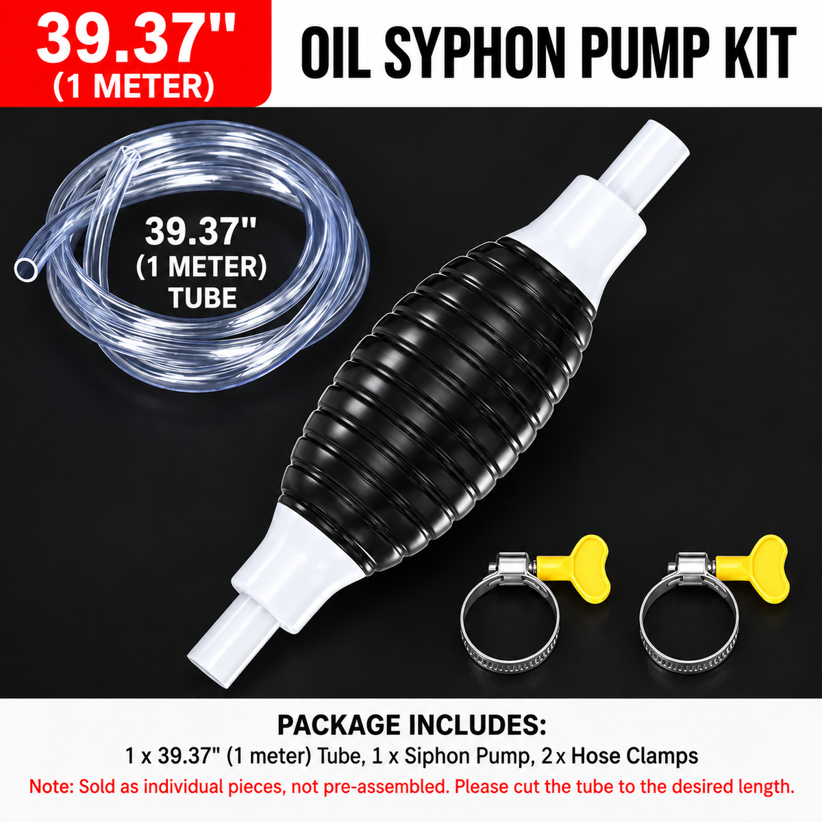 ⛽Manual Siphon Pump Kit with 1M Hose, Rubber Pump Bulb & 2 Hose Clamps, Liquid Transfer Pump for Fuel Water Oil, Car Boat Motorcycle